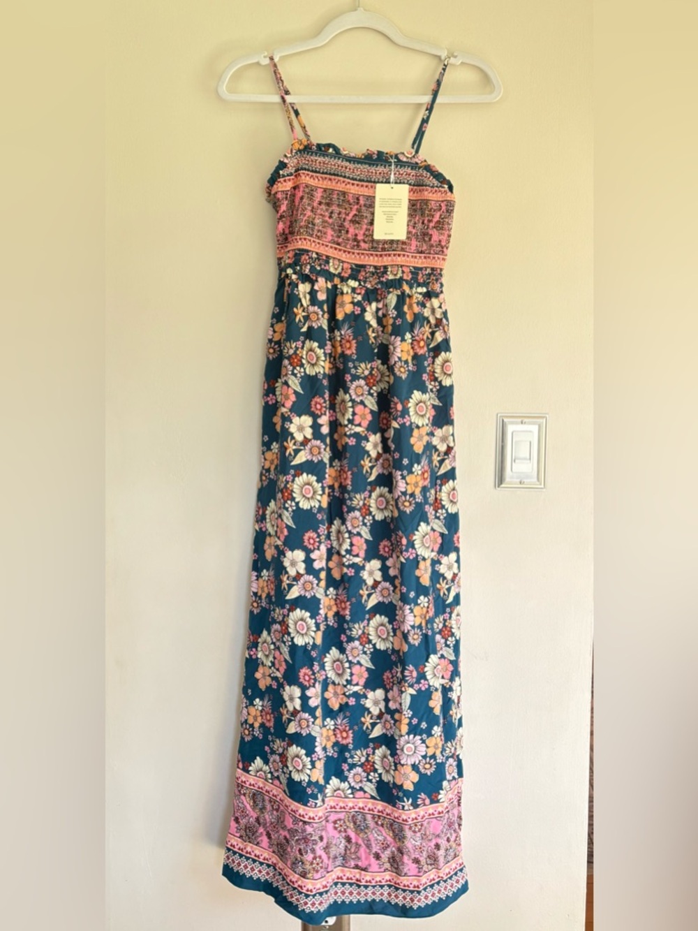 CUPSHE Teal Floral Smocked Maxi Dress with Pink Trim - Picture 3 of 3